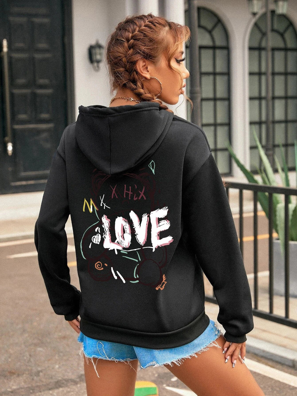 Graffiti Line Bear Simple Print Female Hoody Harajuku S-Xxl Sweatshirt Fashion Casual Street Hooded Autumn Warm Streetwear Women