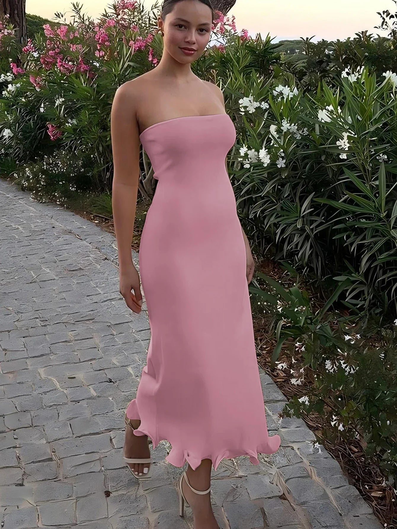 Dulzura Sleeveless Ruffles Patchwork Strapless Bodycon Midi Dress Women'S Solid Sexy Outfit Party Clubwear For Autumn Winter