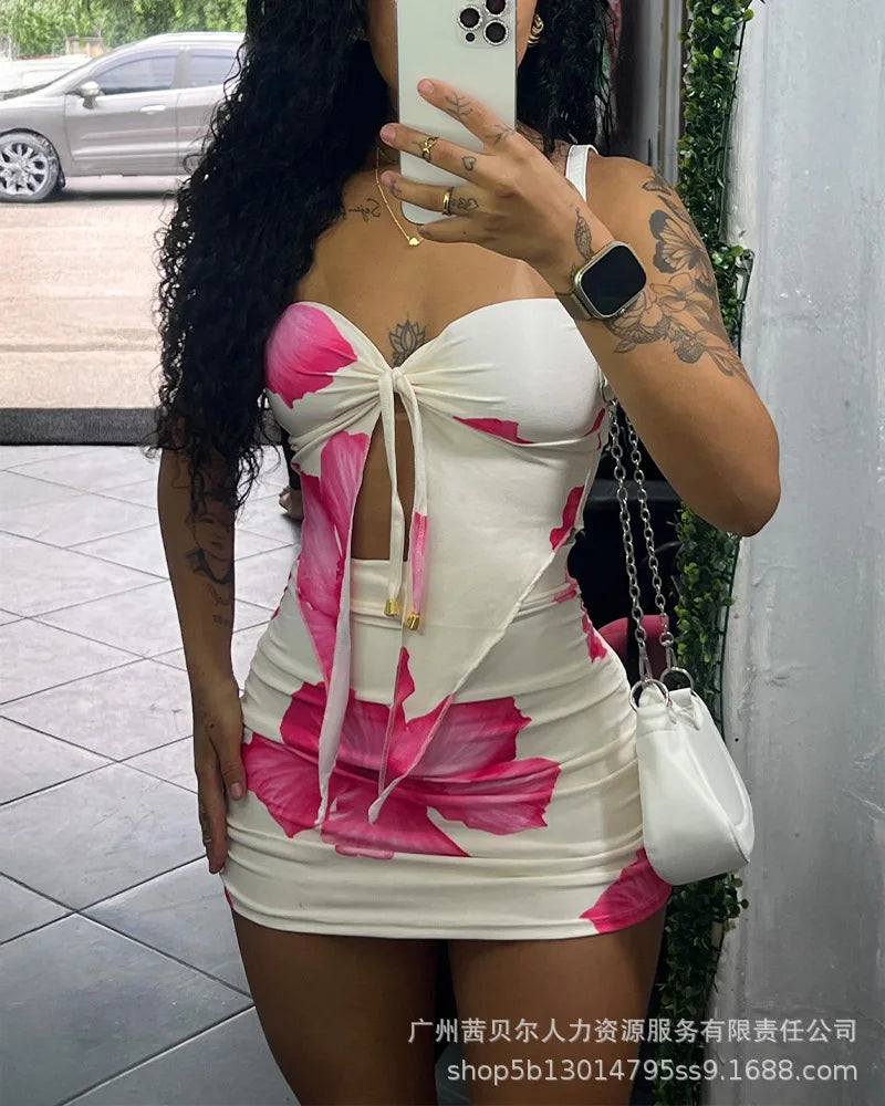 2 Piece Set Women's Floral Print Split Strapless Sleeveless Top & Mini Shorts Pants Set Summer Sexy