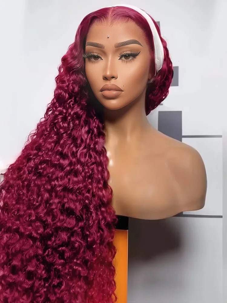 200% Density Headband Reddish Brown Wig Human Hair Ginger Deep Wave Burgundy 99J Curly Water Wave Glueless Wigs Clearance Sale