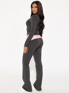 Dulzura Women'S Sexy Casual 2 Piece Pants Set Long Sleeve Letter Print Bodycon Crop Top And Flare Pants Matching Set Streetwear