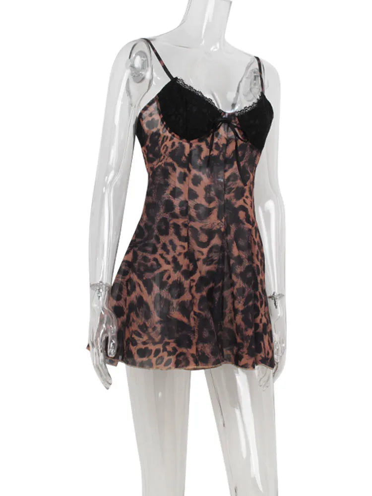 Ahagaga Sexy Leopard Women's Mini Dresses Camisole Sleeveless V-Neck Slim Fit Lace Bows Blackless Streetwear Bodycon Vestidos
