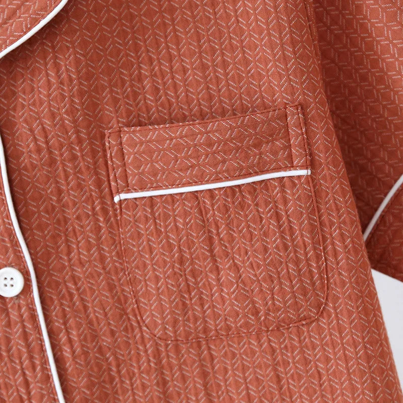 2025 New Japanese Spring/Summer Couple Pajama Set 100% Cotton Crepe Short Sleeve and Long Pants Two Piece Home Suit Thin Style