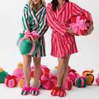 Dourbesty Women Striped Fleece Robe Fuzzy Y2K Printed Long Sleeve Shawl Collar Bath Robe Cute Plush Warm Kimono with Pocket 2025