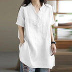 2024 Summer Fashion Cotton and Hemp Women's Shirt Commuting Style Casual Half Open Short Sleeve Casual Shirt Top
