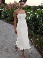 Dulzura Sleeveless Ruffles Patchwork Strapless Bodycon Midi Dress Women'S Solid Sexy Outfit Party Clubwear For Autumn Winter