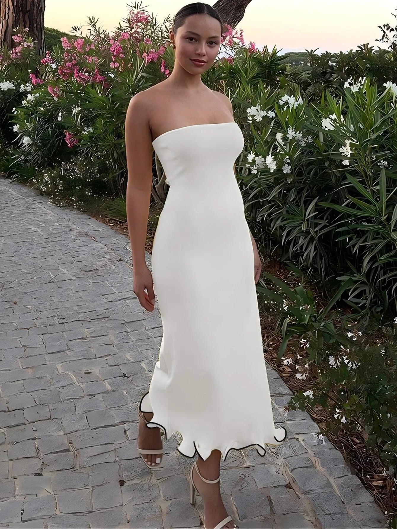 Dulzura Sleeveless Ruffles Patchwork Strapless Bodycon Midi Dress Women'S Solid Sexy Outfit Party Clubwear For Autumn Winter