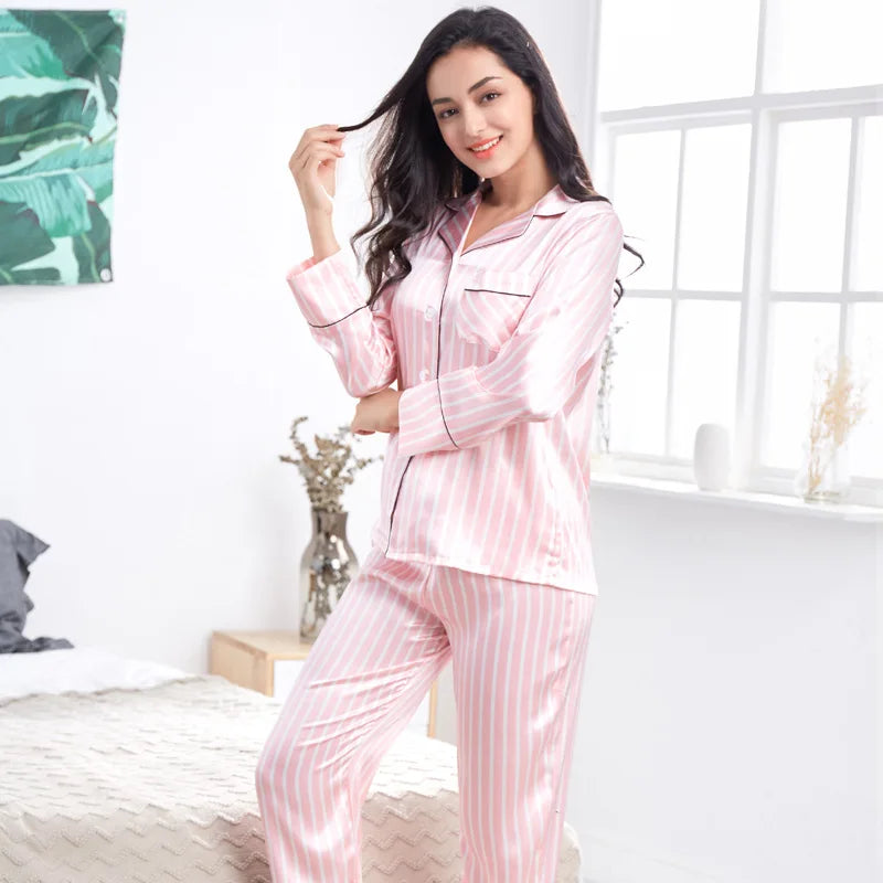 2 Piece Personalized Name Women Sleepwear Faux Silk Satin Pajamas Set Long Sleeve Sleepwear Pajamas Suit Female Homewear