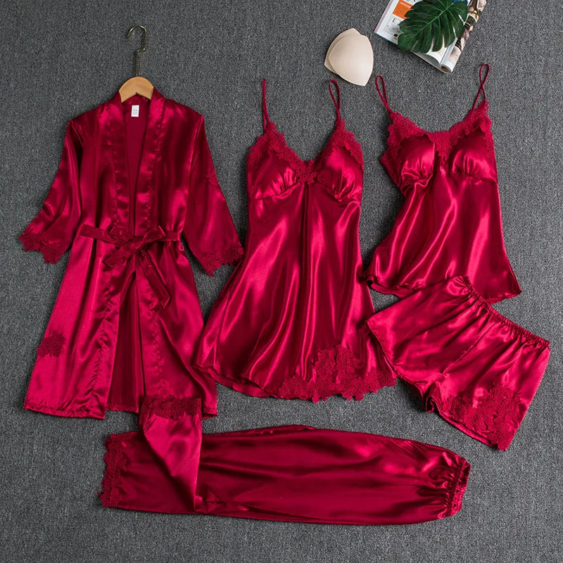5PCS Women's Ice Silk Sexy Pajama Set Breathable Lace Satin Pajama Bathrobe Five Piece Set Casual Home Clothes Spring and Summer