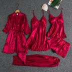 5PCS Women's Ice Silk Sexy Pajama Set Breathable Lace Satin Pajama Bathrobe Five Piece Set Casual Home Clothes Spring and Summer