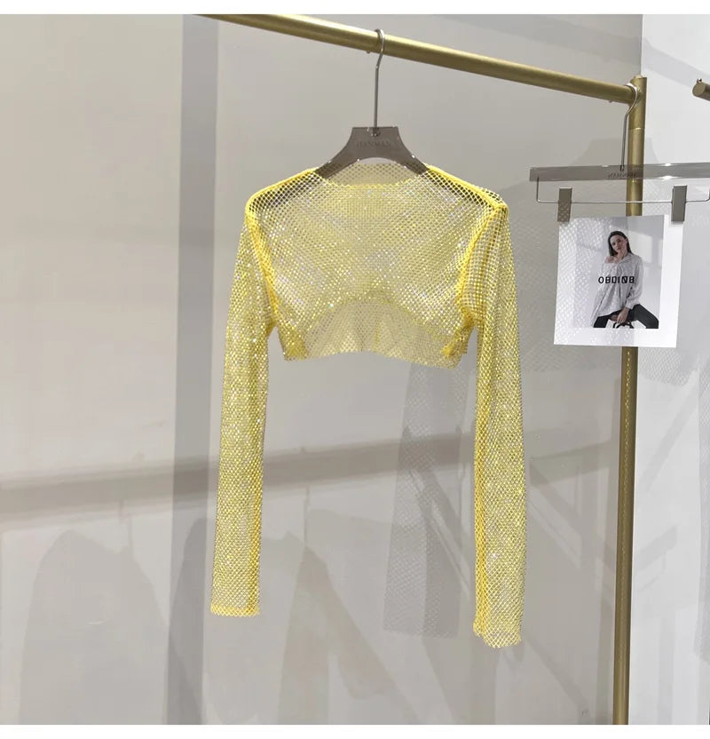 2023 new sexy bright diamond short top Slim thin Ms. hot drill long-sleeved T-shirt sexy leak waist nightclub