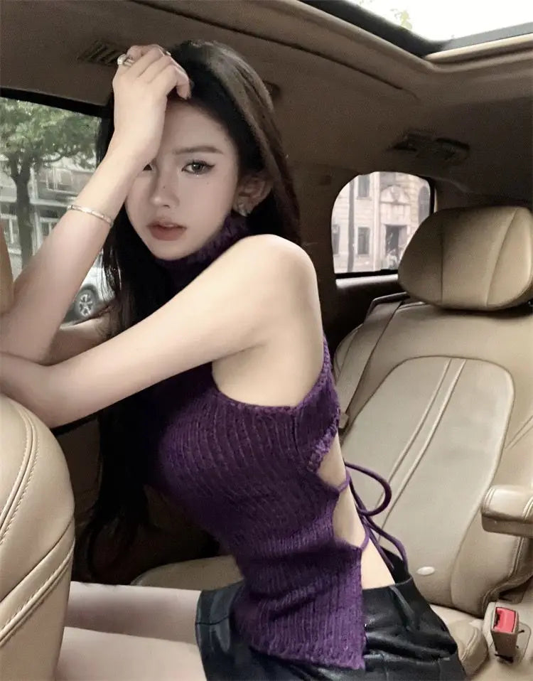 Crop Top Summer Y2K Clothes Fashion Sleeveless Shirts Turtleneck Tees Bandage Tanks Hollow Out Tops Women Sexy Gothic Clothing