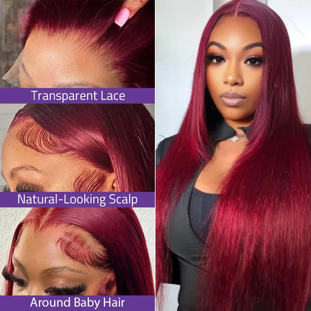 30Inch Burgundy Bone Straight 99J Colored 13x4 Lace Front Wig Human Hair 13x6 HD Transparent Lace Frontal Wigs For Women