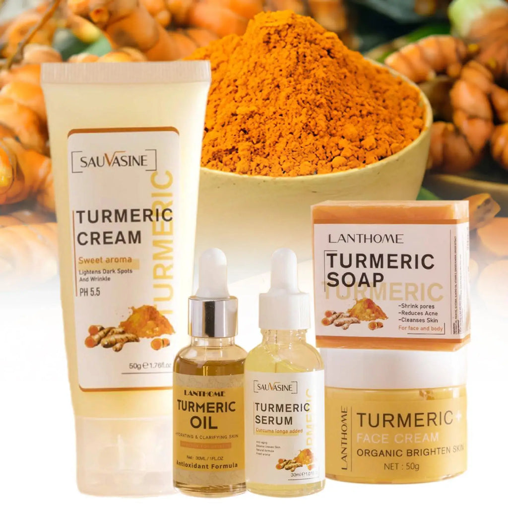 5 Piece Set Turmeric Facial Care Acne Cleansing Cream,Anti-Aging Serum,Dark Spot Moisturizer Fade Spots for Radiant Skin Care