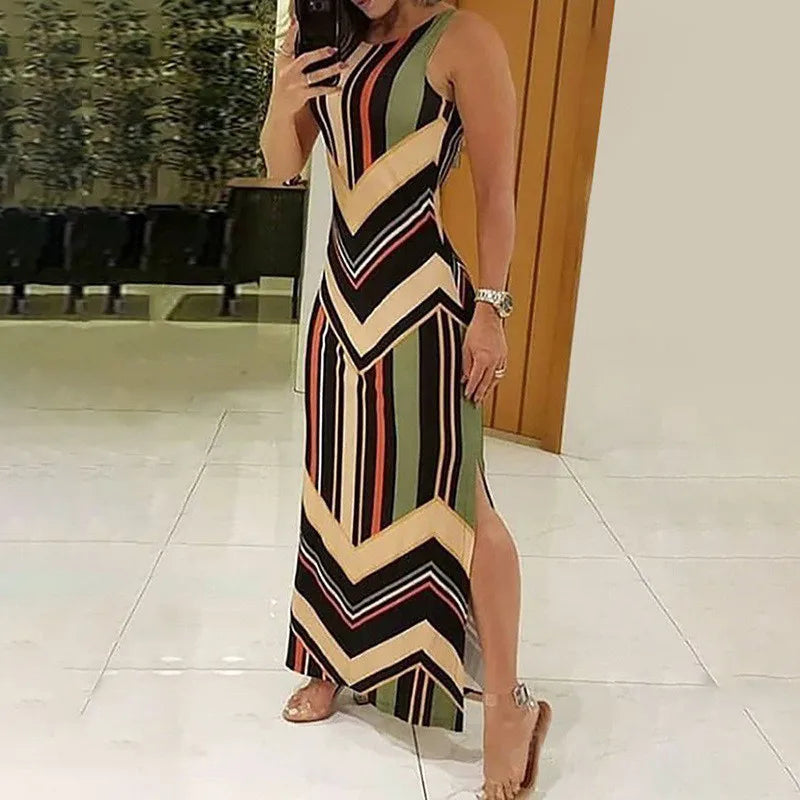 Colorful Striped Print Side Slit Maxi Dress Women Colorblock Sleeveless Slim Long Dresses Summer Streetwear Vestidos Para Mujer