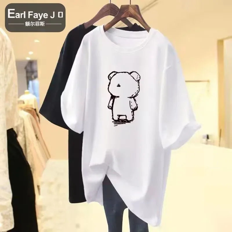 Cartoon Bear Cotton Print Summer Fashion Women's T-shirt Kawaii Casual Plus Size Short Sleeve Loose Street Sport T-shirt Top