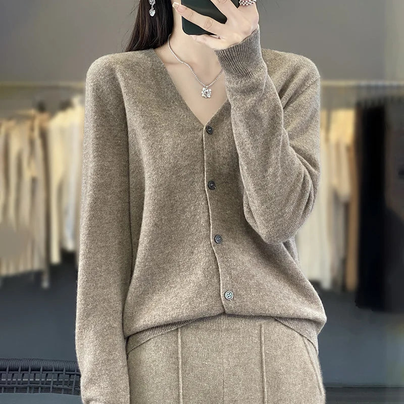 100 Merino Wool Knitted V-neck Sweater Women's Top Loose Korean Version Fashionable Versatile Autumn And Winter Cashmere Sweater