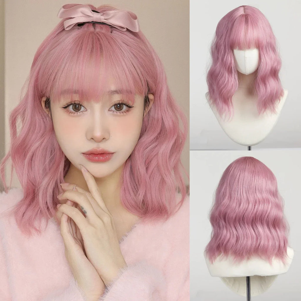 Allbell Magique Short Wavy Wig Bob Curly Wig With Bangs Dirty Orange Lolita Wigs Natural Synthetic Wig For Woman Heat Resistant