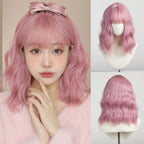 Allbell Magique Short Wavy Wig Bob Curly Wig With Bangs Dirty Orange Lolita Wigs Natural Synthetic Wig For Woman Heat Resistant