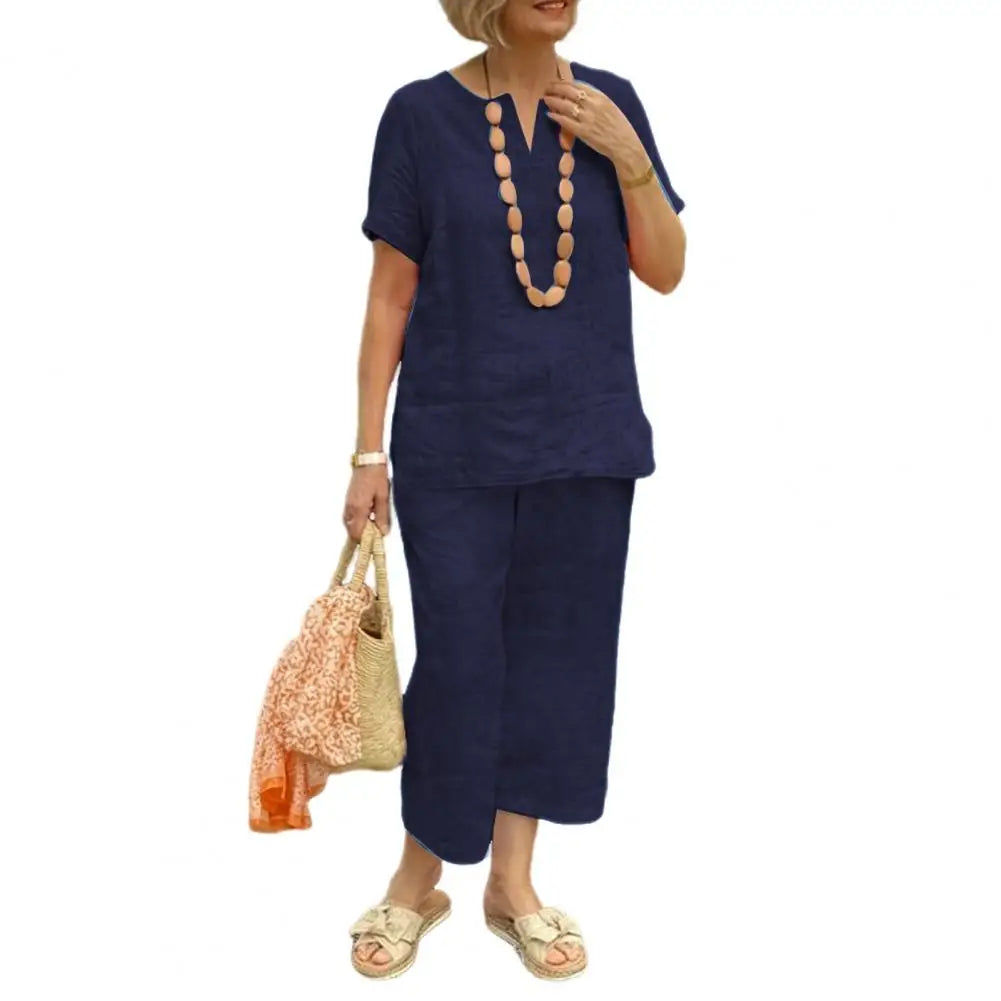 2Pcs Women Blouse Pants Set Solid Color Short Sleeve Loose Top Wide Leg Straight Pants Sets Casual Matching Tracksuit Outfit