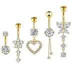 14G Gold Color Series Butterfly Dangled Belly Piercing Sets 5PCS/Lot Heart Flower Curved Navel Navel Ring Belly Button Rings