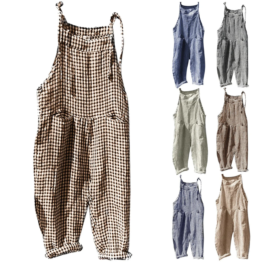 Casual Striped Overalls Korean Style Women's Summer Loose Fit Suspenders Jumpsuits Contrast Color Wide Leg Pants WIth Pockets