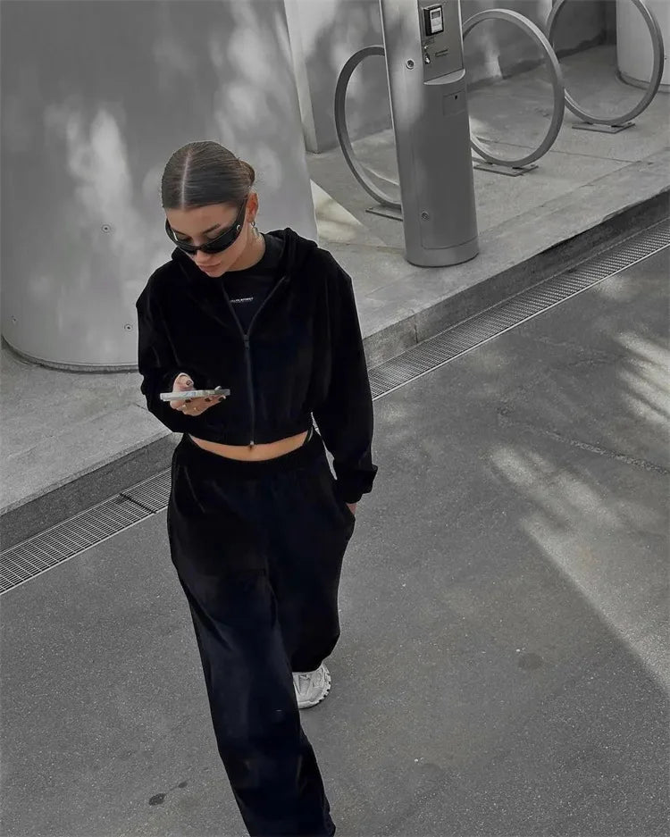 Autumn Winter Casual Two Piece Set Women Street Trend Long-sleeved Hooded Cardigan Sexy Waist Waist Elastic Trousers Tracksuit