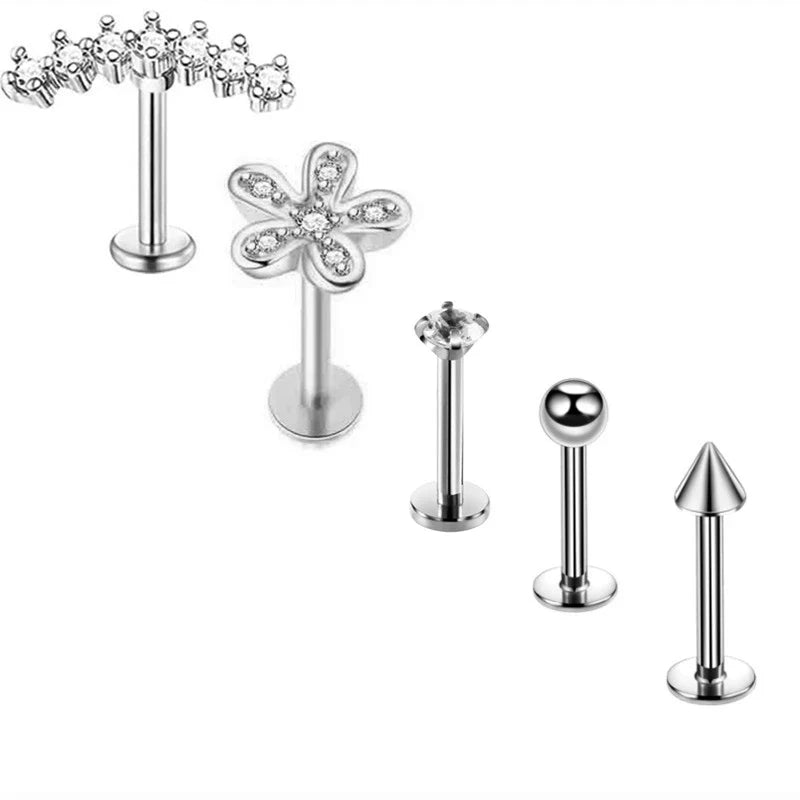 5PCS Flower Tragus Piercing Set Flat Back Cz Cartilage Stud Earring Helix Jewelry Conch Rook Stud Lot Labret Lip Piercing Bulk