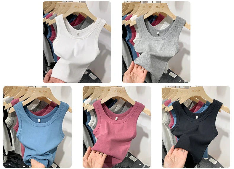 2025 Summer Women Sleeveless Tank Tops Fashion Crop Top O-neck Fitness Knitted Ribbed Vest Female Solid Camis Cropped Streetwear