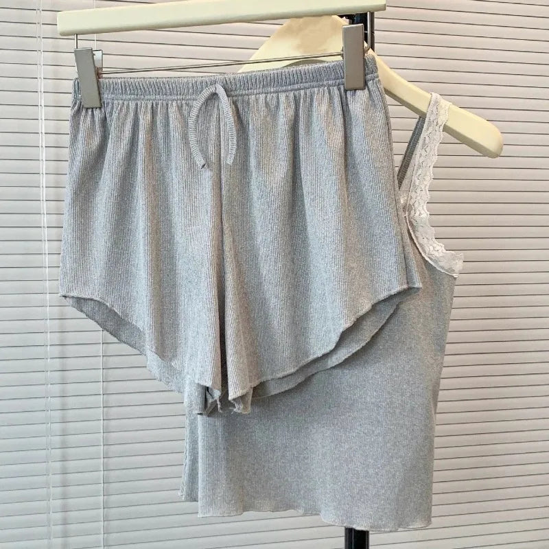 Casual Women Pajamas Summer Sleepwear Spaghetti Strap Shorts Sets 2 Pieces Night Wears O-neck Korean Sleeping Solid Home Suit