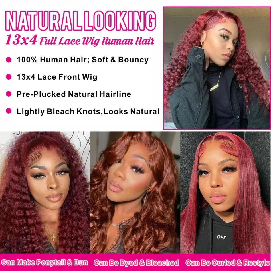 30 36Inch 99J Burgundy 13x6 Hd Lace Frontal Human Hair for women Red Colored 13x4 Transparent Lace Curly deep wave frontal wig
