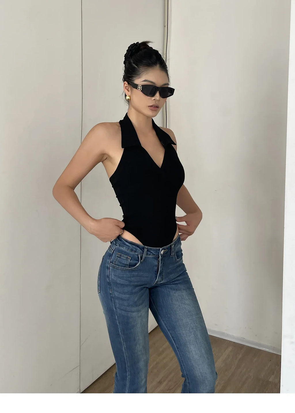 American Style Spicy Girl Sleeveless Polo Neck Solid Bodysuits Women's 2024 Summer New Sexy Backless High Waisted Slim Top Q29N