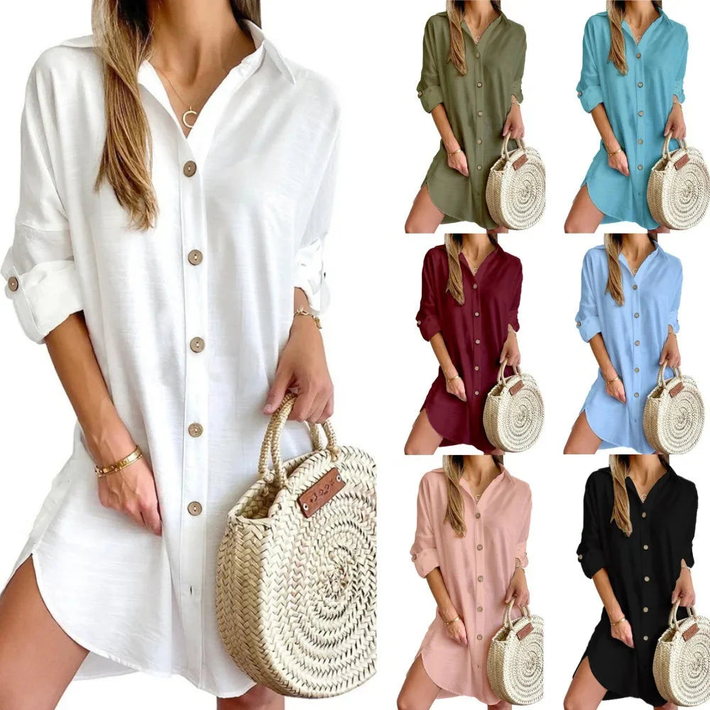 Elegant Women's White Spring And Autumn Casual Long Sleeved Lapel Button Up Shirt Dress 2024 Fashionable Woman Loose Mini Dress