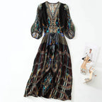 2025 Summer Bohemian Dresses For Women Elegant V-neck High Waist Women's Print Black Dress A-line 100% Real Silk Long Midi Dress