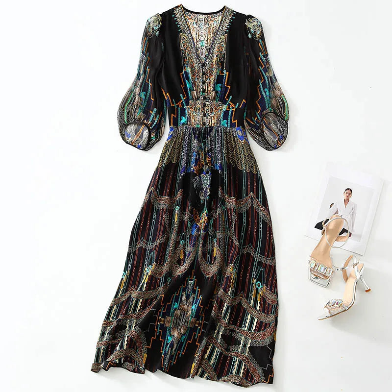 2025 Summer Bohemian Dresses For Women Elegant V-neck High Waist Women's Print Black Dress A-line 100% Real Silk Long Midi Dress