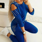 2 Pieces Set Women Europe Fall 2022 Outfit Sexy Nail Bead Pure Color Round Collar Long Suit Sports Set Dropshipping ZXP9596