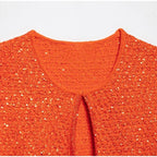 Elegant Sequined Orange Cardigans Women Y2k O-neck Short Sleeve One Button Female Tops 2025 Street Summer Lady Chic Knitwear