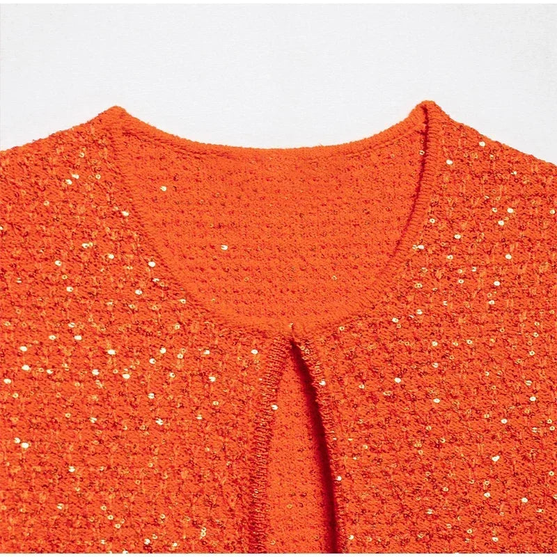 Elegant Sequined Orange Cardigans Women Y2k O-neck Short Sleeve One Button Female Tops 2025 Street Summer Lady Chic Knitwear