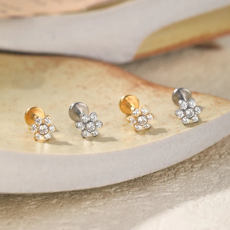 1PC Titanium Zircon Star Flower Labret Piercing for Women Cartilage Tragus Daith Helix Stud Earring Body Jewelry
