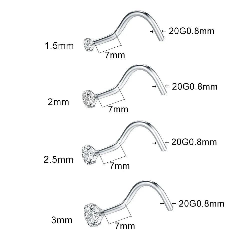 1PC Titanium 18G /20G 1.5/2/2.5/3mm Zircon Gem Nose Stud Piercing Screw Prong CZ Nostril Earring Nariz Piercings Sexy Jewelry