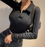 Elegant Coquette Women's Polo Neck T-Shirt - Long Sleeve, Chic Style, Effortless Elegance