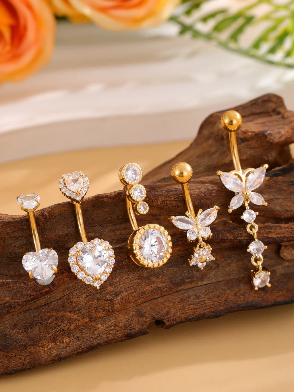 14G Gold Color Series Butterfly Dangled Belly Piercing Sets 5PCS/Lot Heart Flower Curved Navel Navel Ring Belly Button Rings
