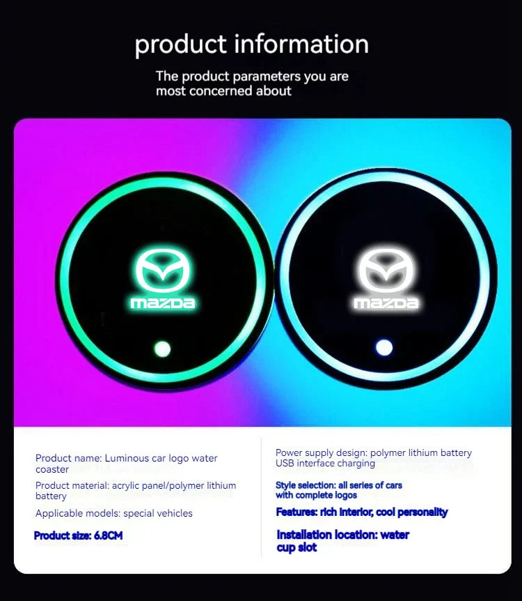 2PCS Car LED Water Cup Mat Drink Holder For Mazda MS Speed CX4 Atenza Axela MX5 CX7 CX5 CX9 RX8 CX30 Bt50