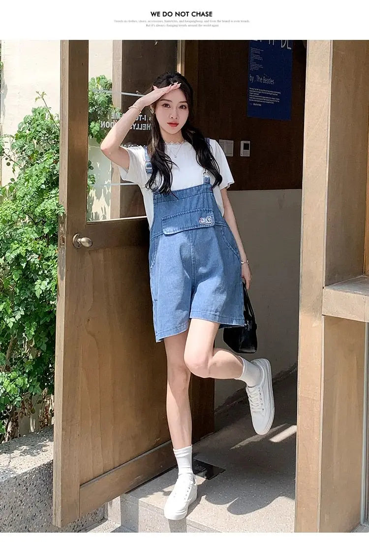 Denim Jumpsuit Rabbit Ears Cute Girl Chic Wide Legs High Waist Loose Korean Japan High Street Solid Jump Suits Women