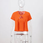 Elegant Sequined Orange Cardigans Women Y2k O-neck Short Sleeve One Button Female Tops 2025 Street Summer Lady Chic Knitwear