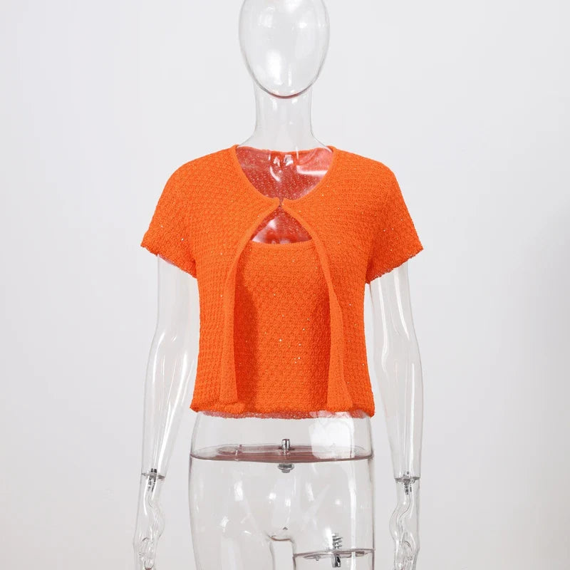 Elegant Sequined Orange Cardigans Women Y2k O-neck Short Sleeve One Button Female Tops 2025 Street Summer Lady Chic Knitwear