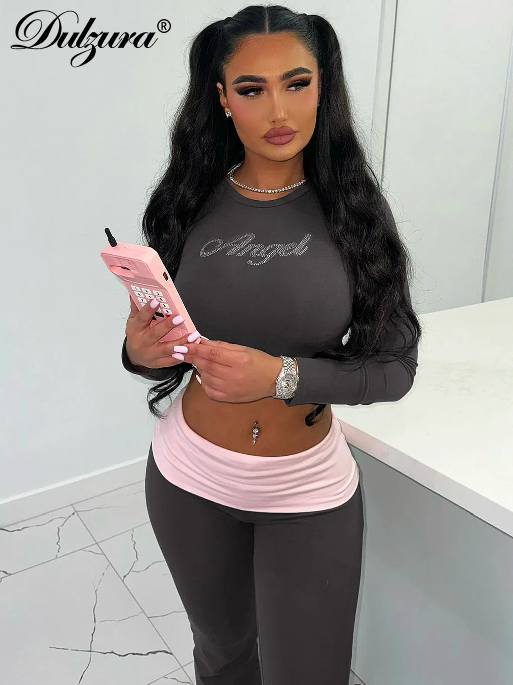 Dulzura Women'S Sexy Casual 2 Piece Pants Set Long Sleeve Letter Print Bodycon Crop Top And Flare Pants Matching Set Streetwear