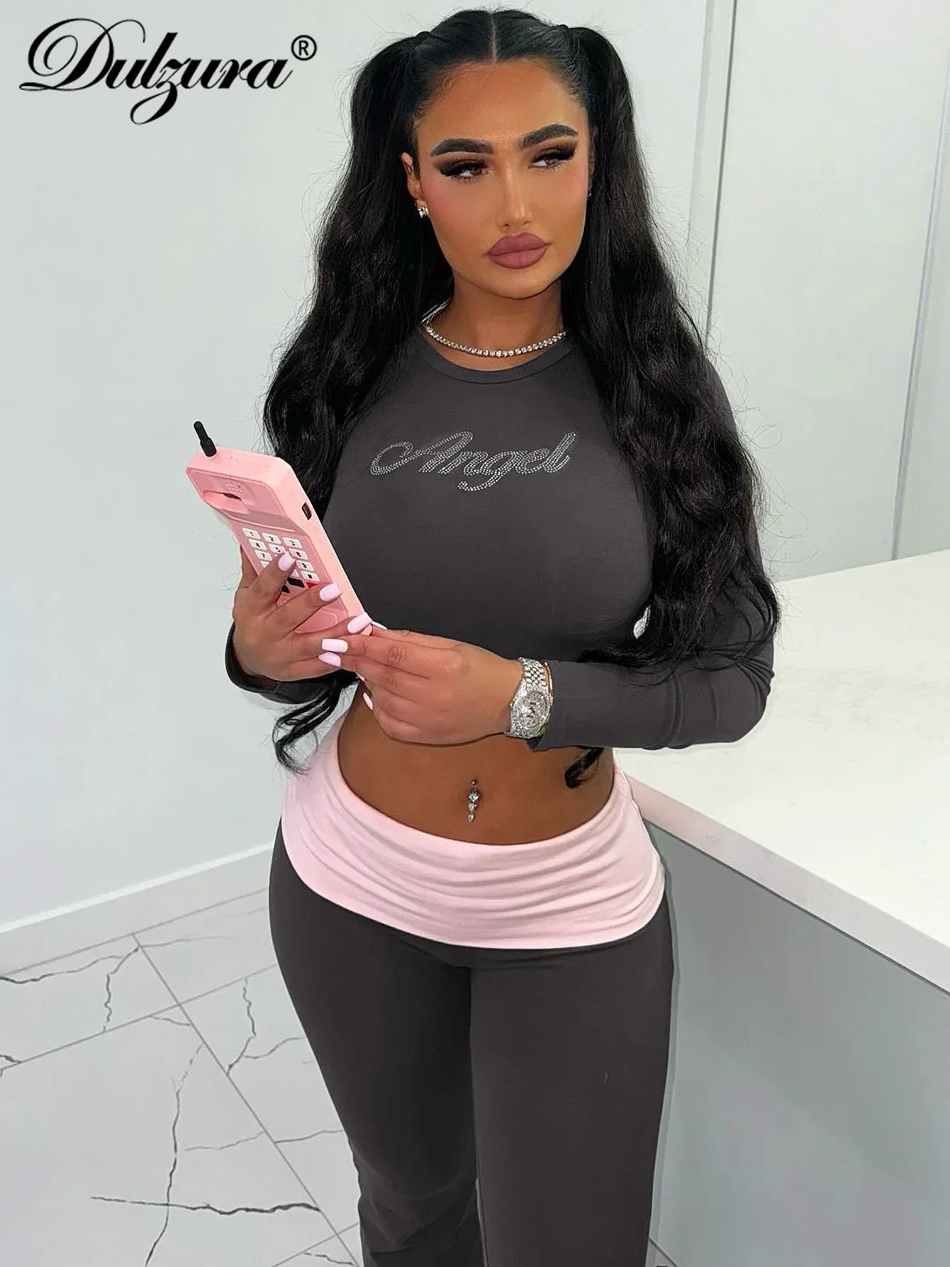 Dulzura Women'S Sexy Casual 2 Piece Pants Set Long Sleeve Letter Print Bodycon Crop Top And Flare Pants Matching Set Streetwear