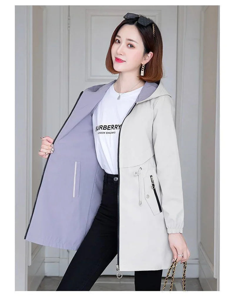 Double-Sided Trench Coat Women 2023New Fashion Spring Autumn Clothes Hooded Mid-Length Windbreakers Female Outerwear Casual Tops