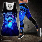 2024 Disney Stitch Women's Hollow Tanktop Yoga Set Summer Fitness Leggings Tracksuit Disney Cutout Tank Top Leggings Set